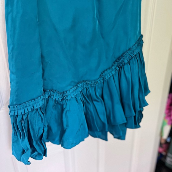 Cinq á Sept Minella Off-the-Shoulder Ruffled Satin Mini Dress in Teal - Picture 4 of 9